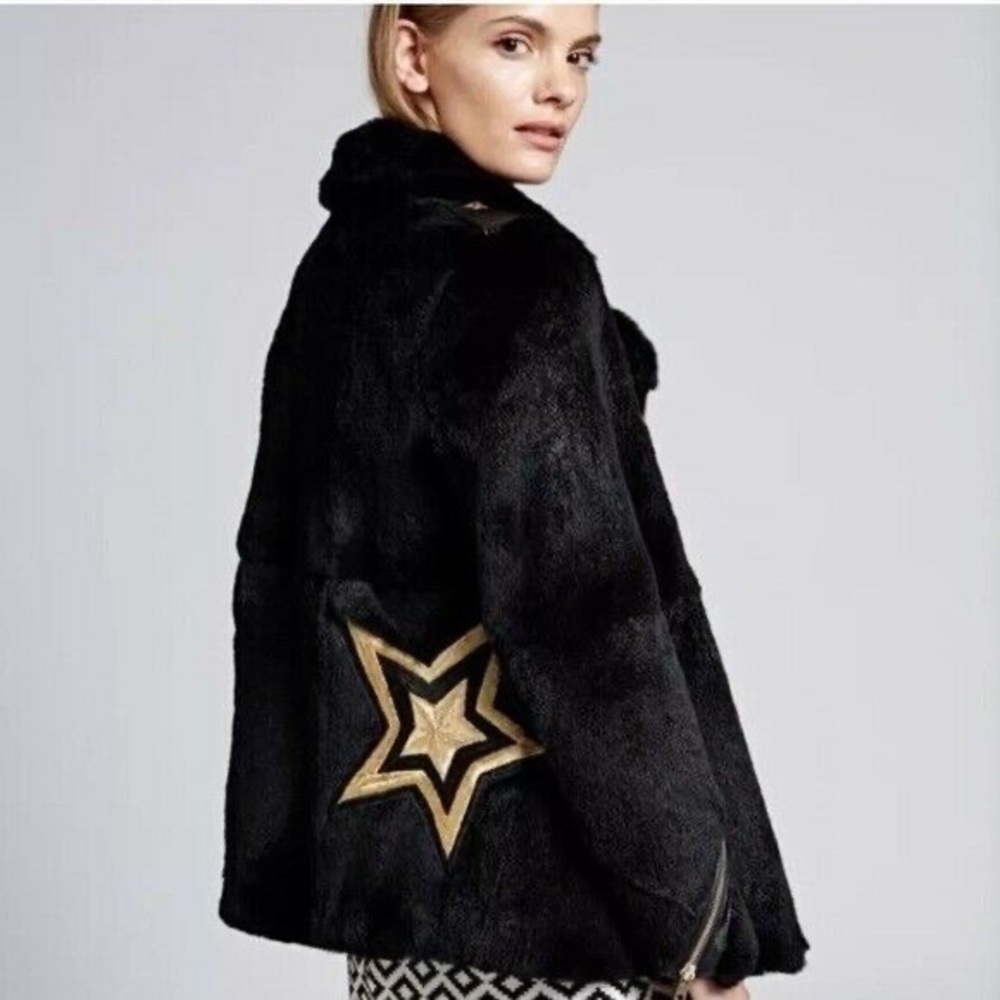 jocelyn Black Faux Fur Jacket with Gold Star Patch